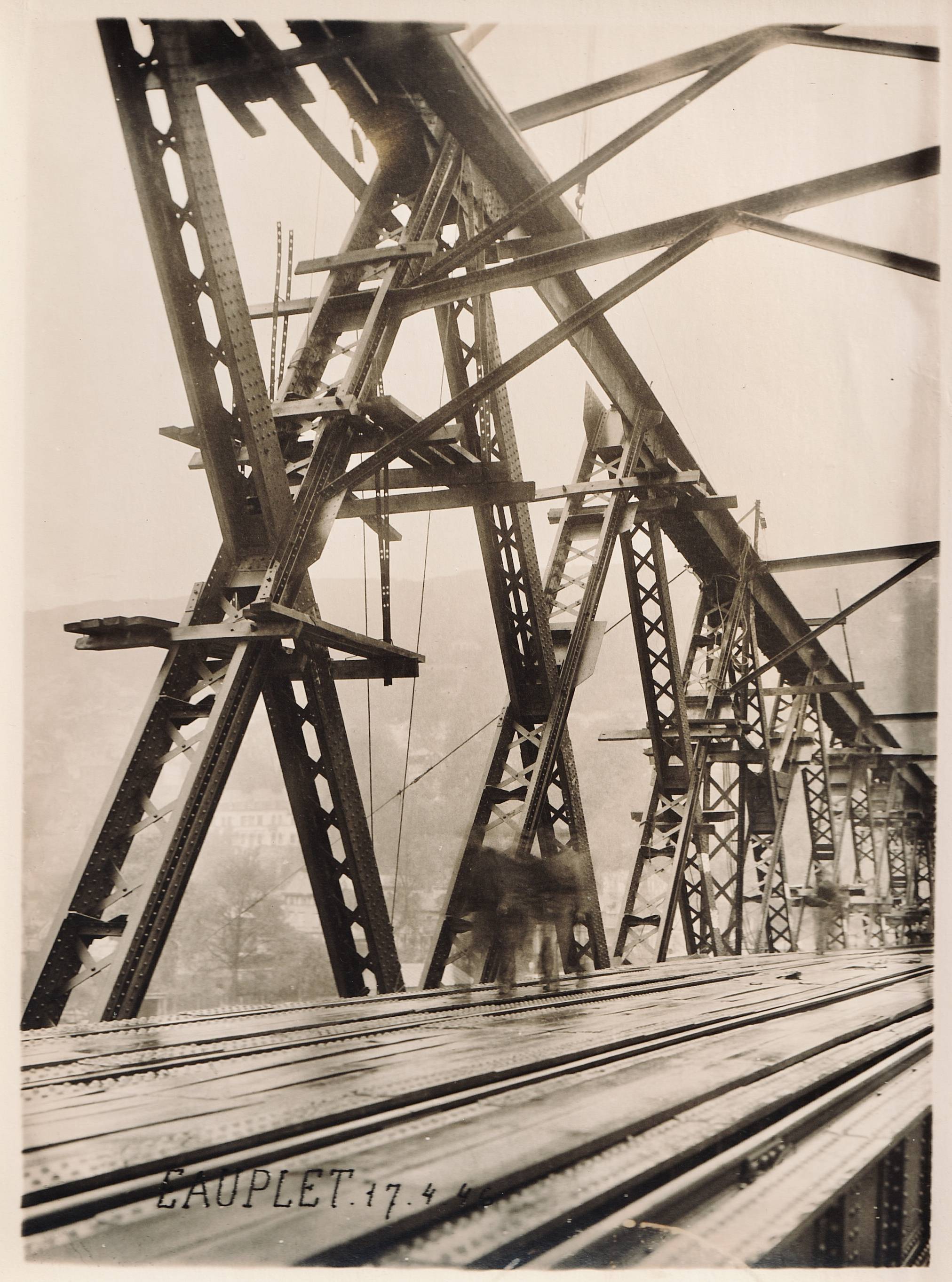 Industrial bridge under construction, sepia photograph